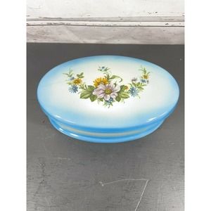 Vintage Porcelain Large Oval White Blue Flower Trinket Dresser Box Signed N M